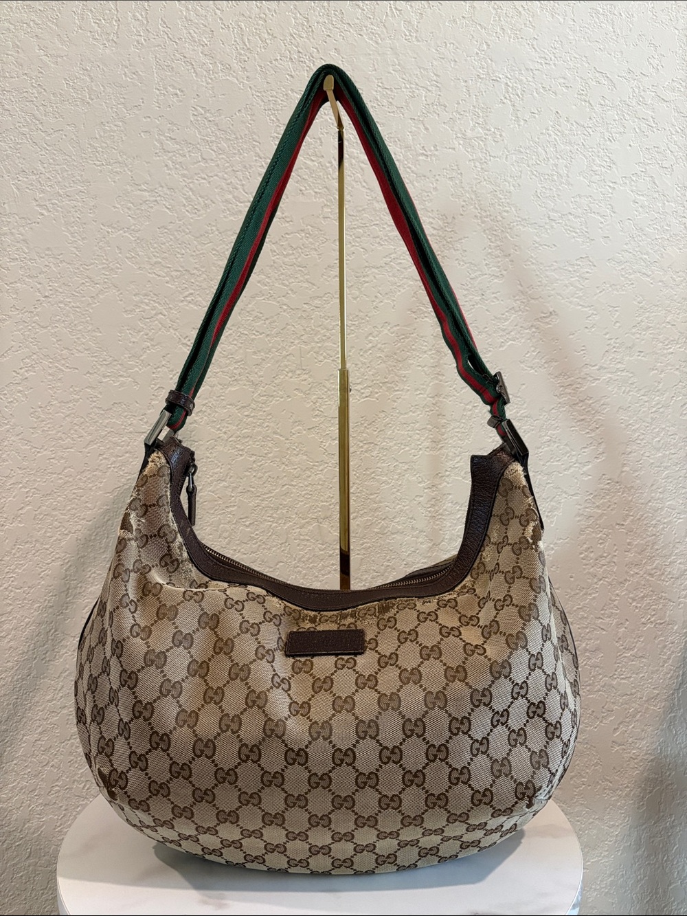 Gucci Brown GG Canvas Hobo with Green and Sherry Line Strap